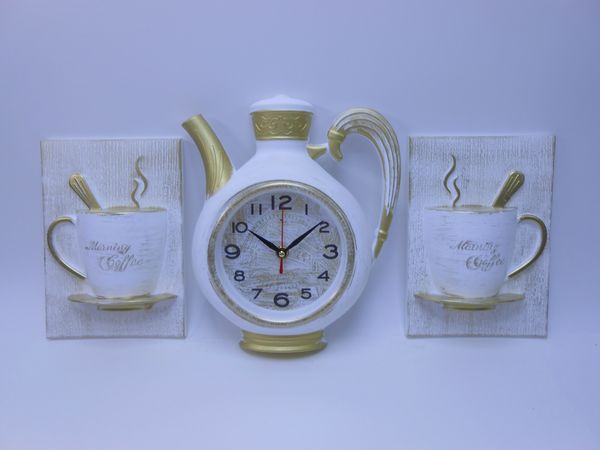 Фото: Комплект часы настенные чайник 26,5х24см+2 чашки 2622+2-002 корпус белый с золотом Рубин